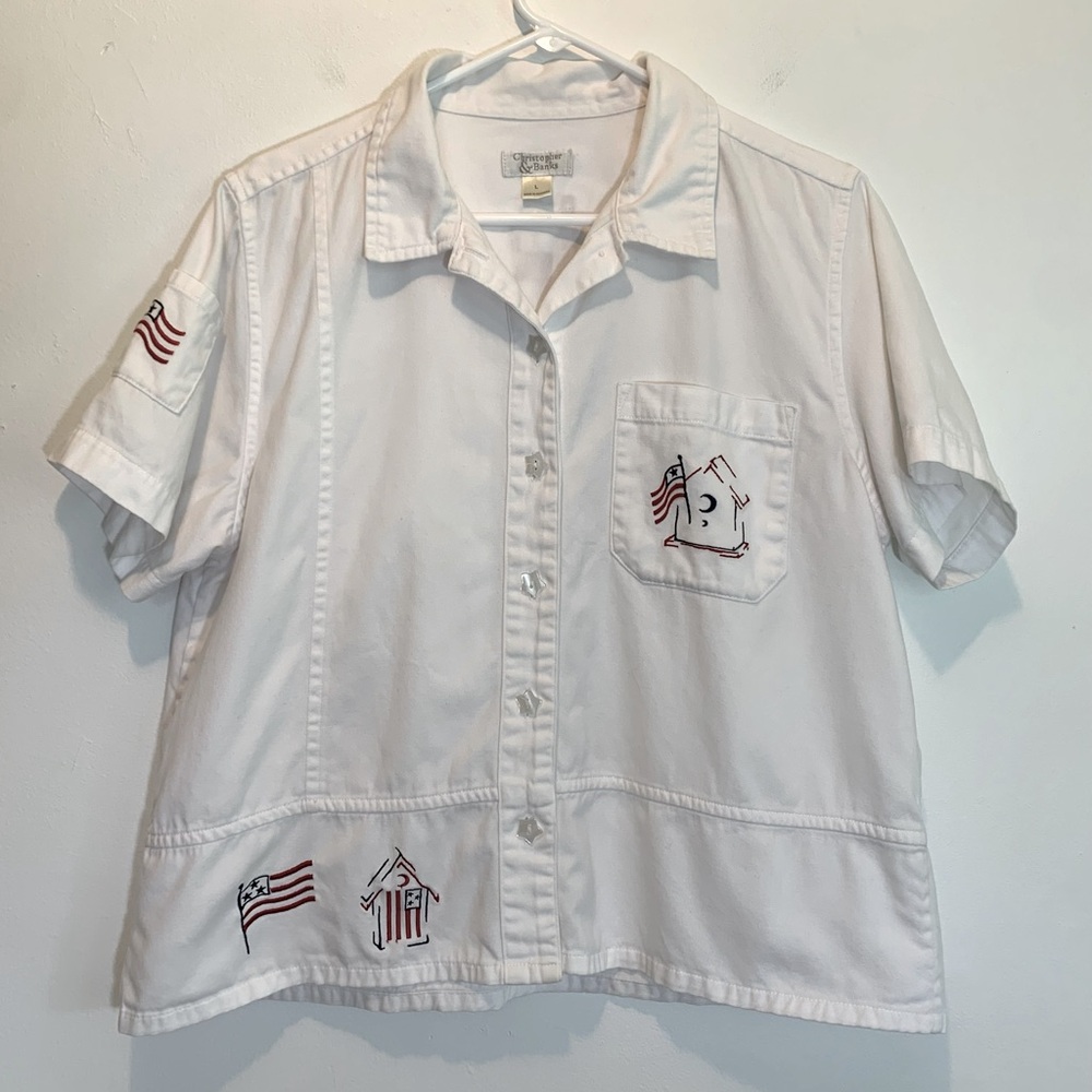 Christopher Banks White Cotton Button Down Top USA Flag Embroidery